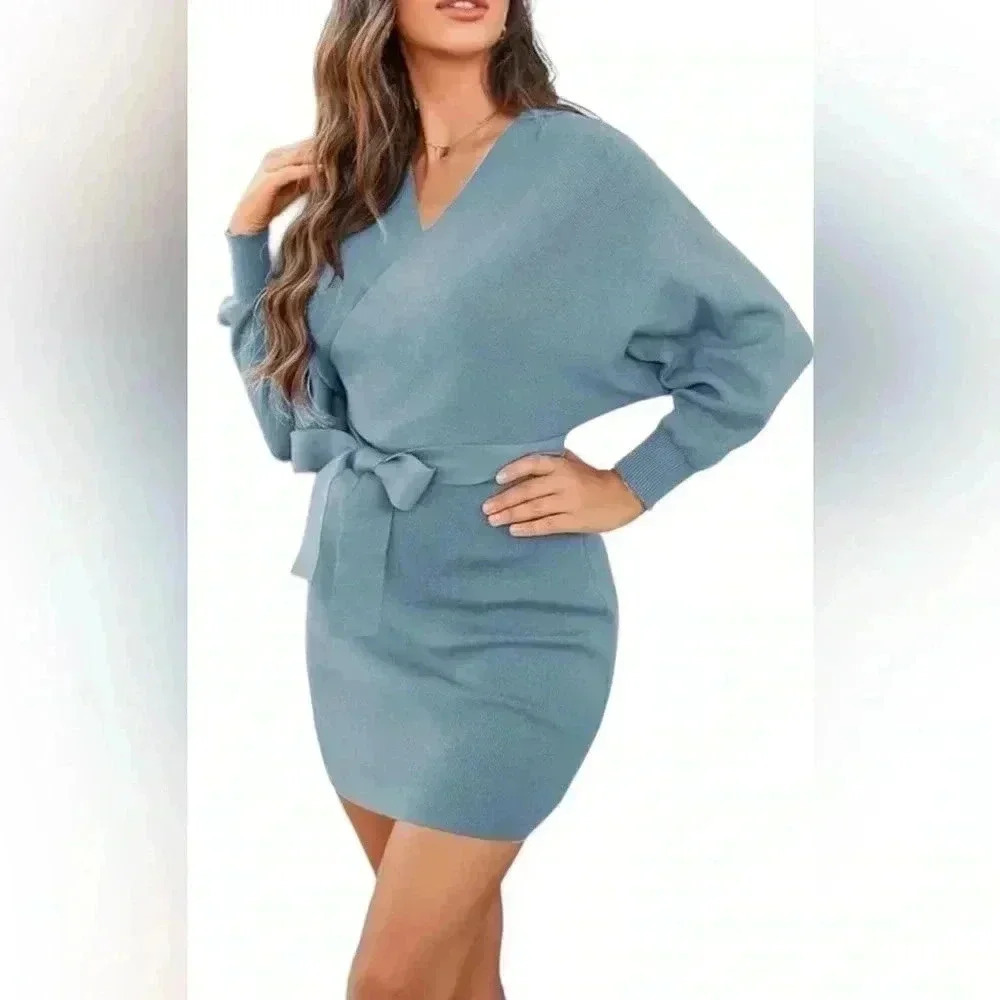 Zonsaoja Women's Sweater Dress Sexy VNeck Long Sleeve Backless Wrap Mini Dress M - Picture 9 of 9
